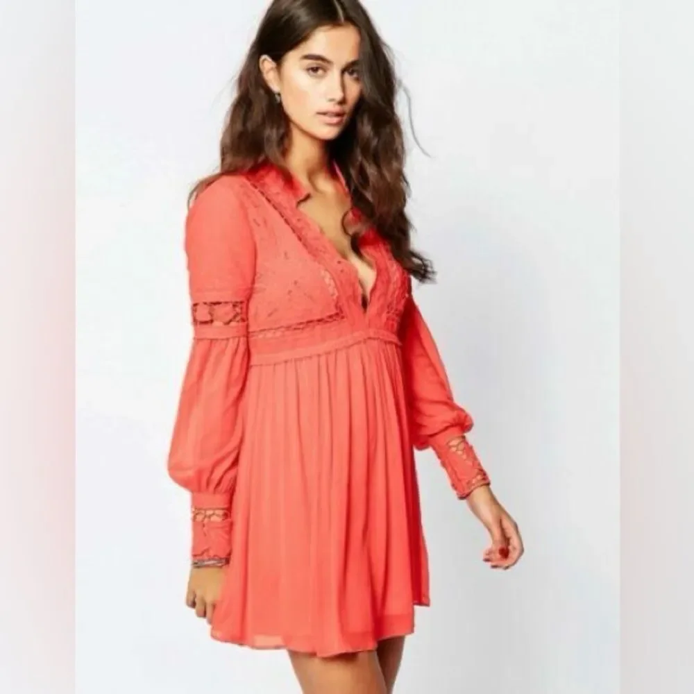 Free People Oceanside Crochet Coral Long-Sleeve Lace-Back Dress